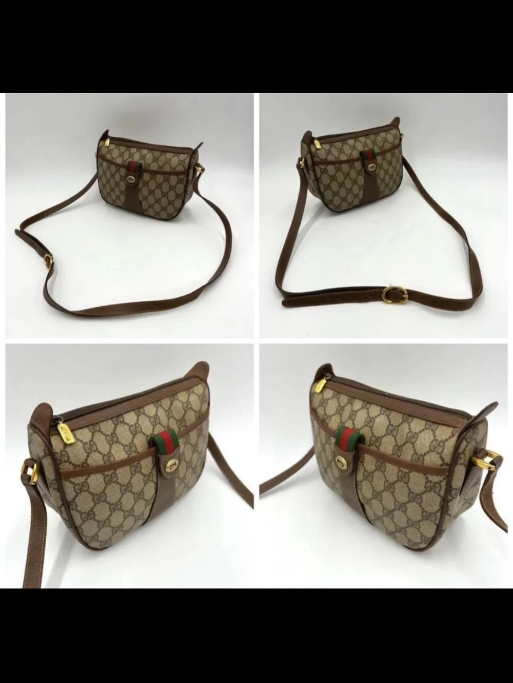 Gucci Beige GG Supreme Crossbody with Brown Leather and Web Stripe